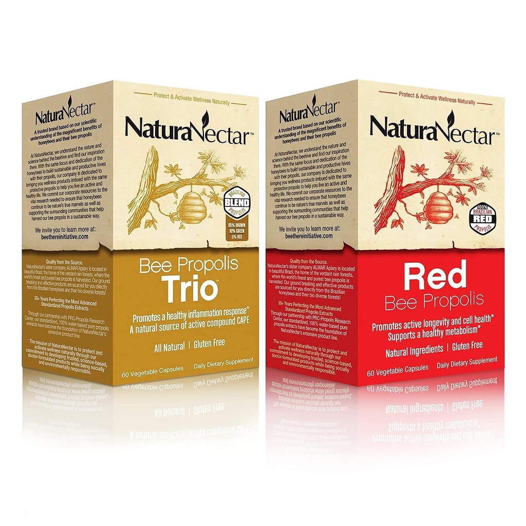 NaturaNectar Natural Bee Propolis Bundle - Trio and Red Propolis - for Immune and Cardiovascular Support and a Healthy Metabolism* - 60 Capsules per Bottle