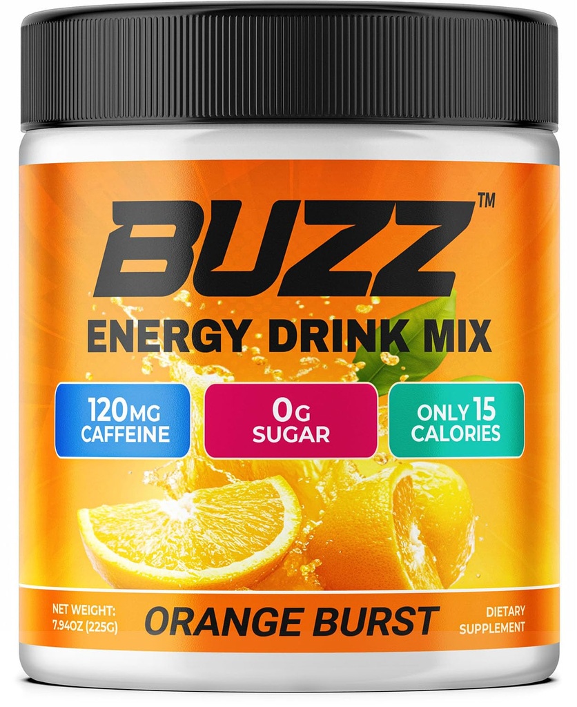 Morning Buzz Energy Drink Powder - Sugar Free Energy Drink Mix - Pre Workout Drink Mix with 18 Vitamins & Minerals, No Jitters, No Crash - Gluten Free, No Artificial Dye, Original Orange Burst Flavor