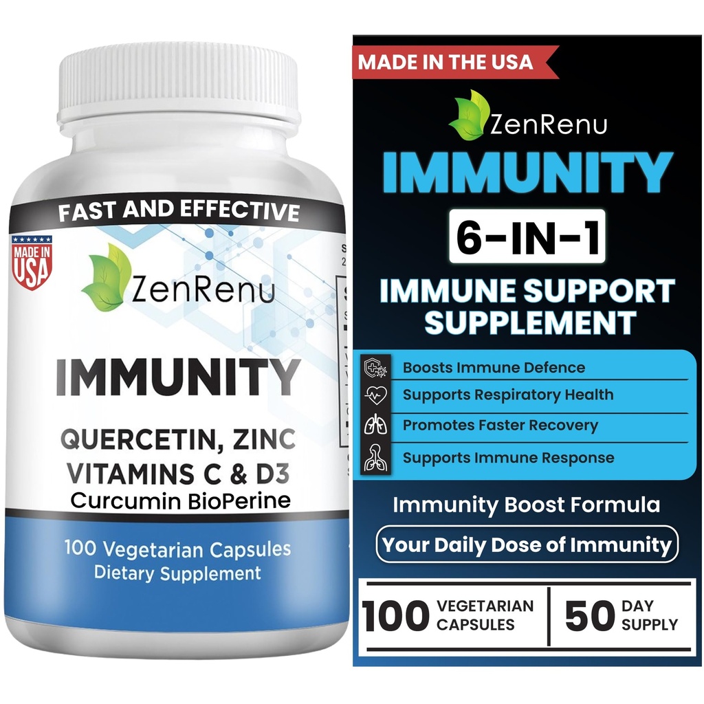 Immunity Quercetin 700 mg Zinc Vitamin C Vitamin D Immune Support Supplement with Curcumin - Easy to Absorb Immunity Supplement, 100 Vegetarian Capsules 50 Day Supply