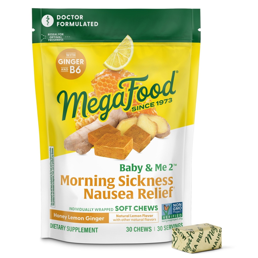 MegaFood Baby & Me Prenatal Morning Sickness Relief, Ginger Chews, with Vitamin B6, Made Without 9 Food Allergens, Honey Lemon Ginger Flavor, 30 Chews