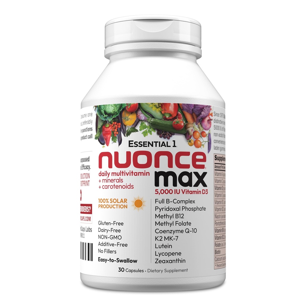 ANDREW LESSMAN Essential-1 nuonce max Multivitamin 5000 IU Vitamin D3 30 Small Capsules. 100 mcg Methyl B12. CoQ10 Lutein Lycopene Zeaxanthin. High Potency. No Additives. Ultra-Mild One Daily Capsule