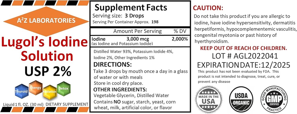 A2Z Organic Lugol's Iodine and Potassium Iodide 2% Solution 3000 mcg - Liquid Supplement Drops for Thyroid Support for Women & Men, Metabolism Health, Detox Boost -1 Fl Oz/Made in USA/Same Day Ship