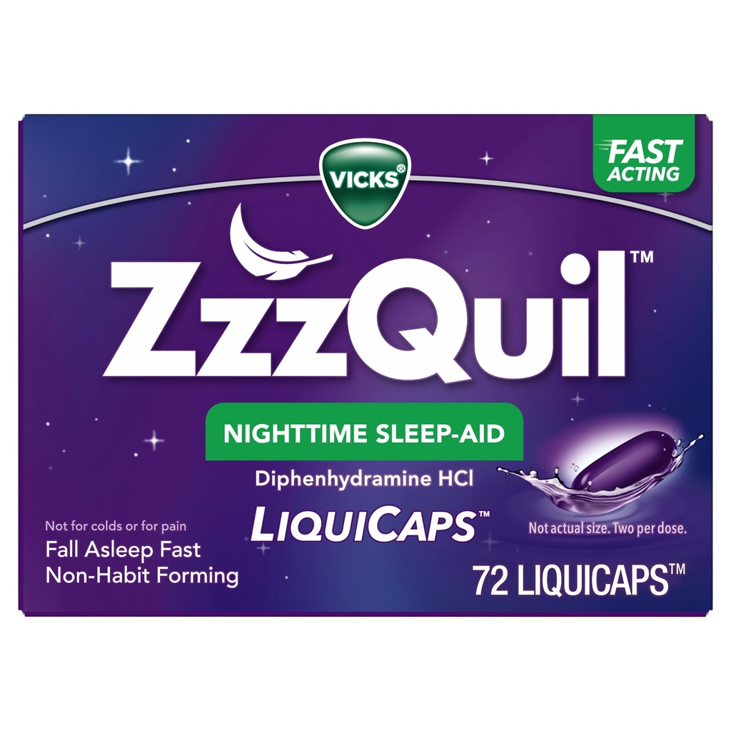ZzzQuil LiquiCap Sleep Aid, Diphenhydramine 25mg HCl, Sleep Aids for Adults, Nighttime Sleep Aid, 72 LiquiCaps