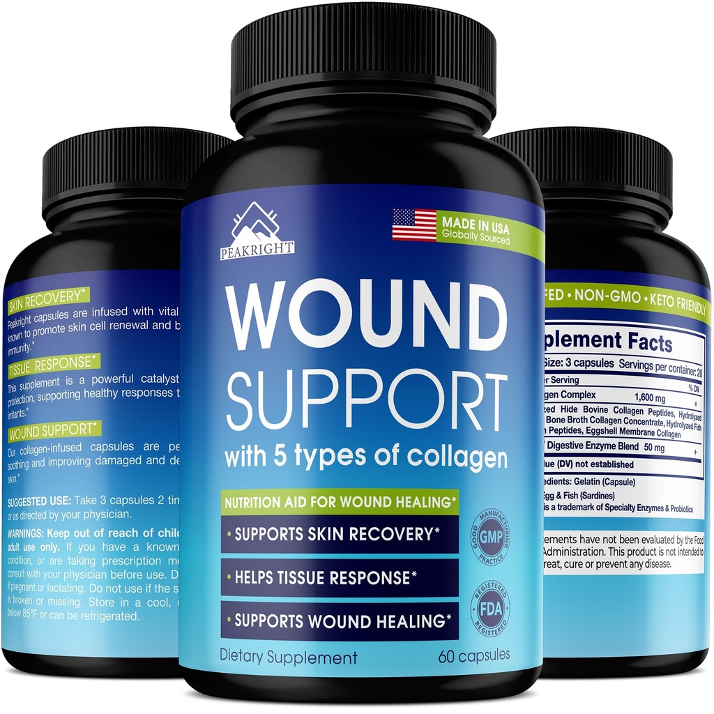 Wound Healing Supplement - Collagen Complex with Enzymes for Wound Support, Pre & Post Surgery Recovery - Pills to Reduce Swelling, Bruisings & Scarring- Helps Tissue Response - Made in USA - 60 Caps