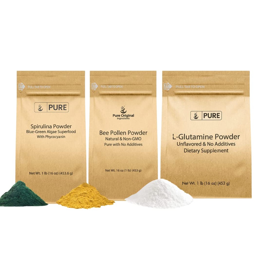 PURE ORIGINAL INGREDIENTS Bee Pollen, L-Glutamine, & Spirulina Powder Bundle, (1lb) Food Safe, Supplement Powders