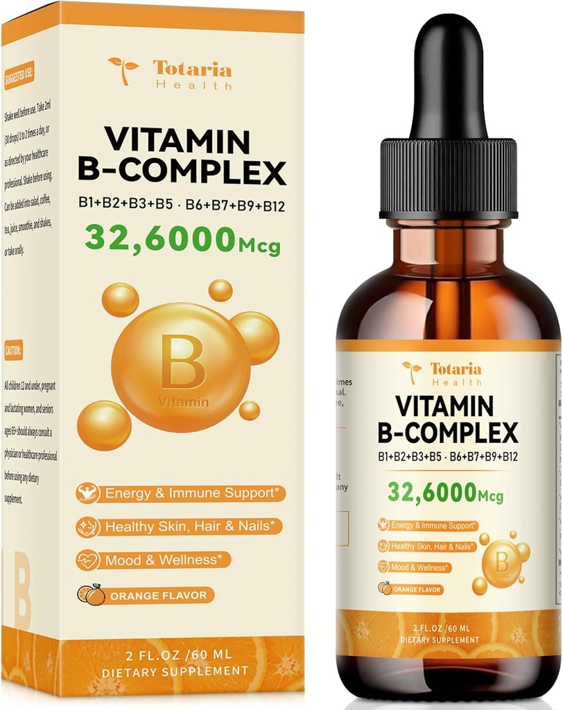 Vitamin B Complex Liquid Drops with 8 Essential B Vitamins - Vitamin B1 Thiamine, B2 Riboflavin, B3 Niacin, B5 Pantothenic Acid, B6 Pyridoxine, B7 Botin, B9 Folic, B12 Methylcobalamin