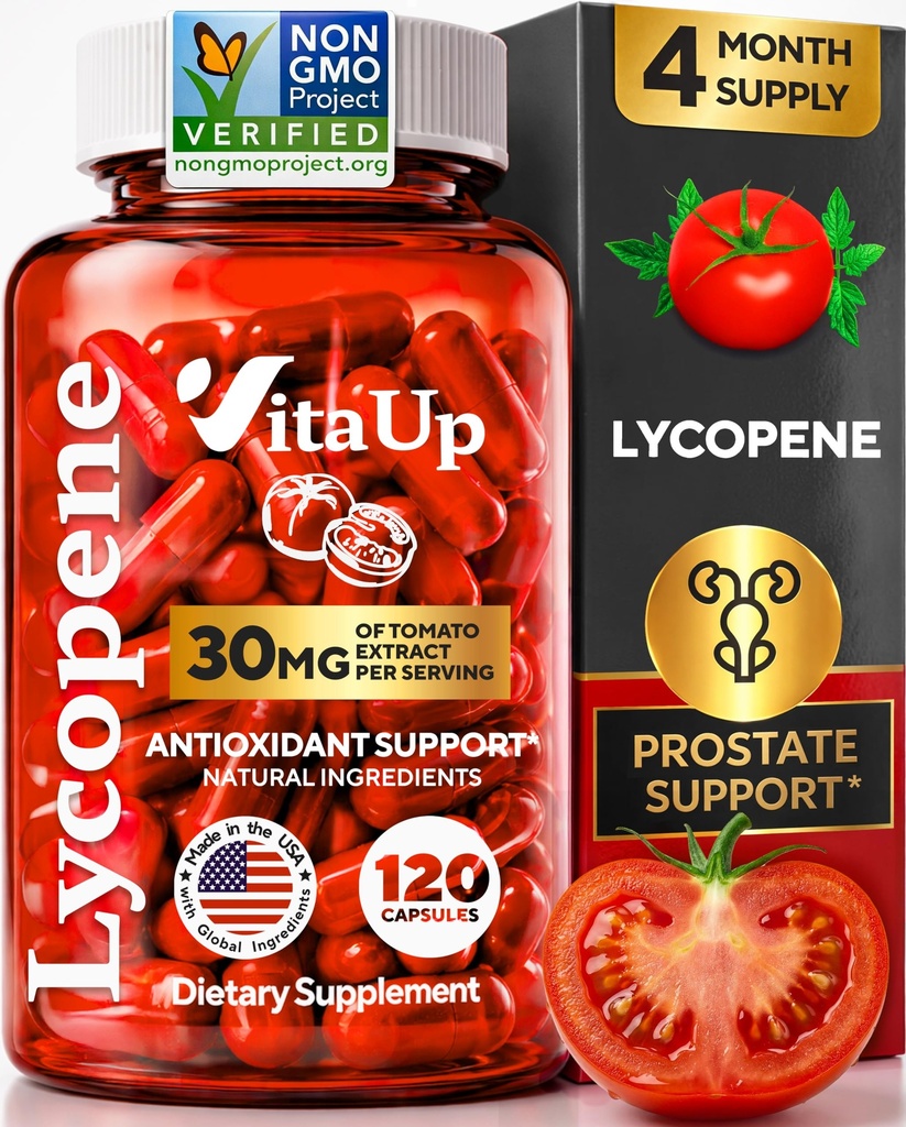 VitaUp Lycopene Supplements for Men – USA Made Prostate Supplements for Men with Natural Tomato Extract – Non-GMO Lycopene Supplement for Normal Prostate, Skin & Antioxidant Support – 120 Count