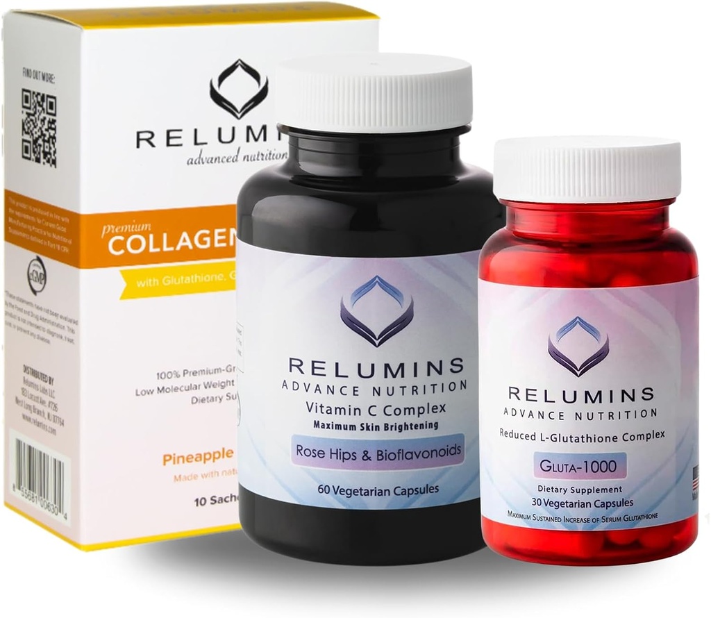 Relumins Premium Summer Glow Set – Collagen Pineapple, Glutathione 1000mg & Vitamin C – Antioxidant Support for Skin Health & Overall Wellness – 3-in-1 Beauty & Wellness Kit