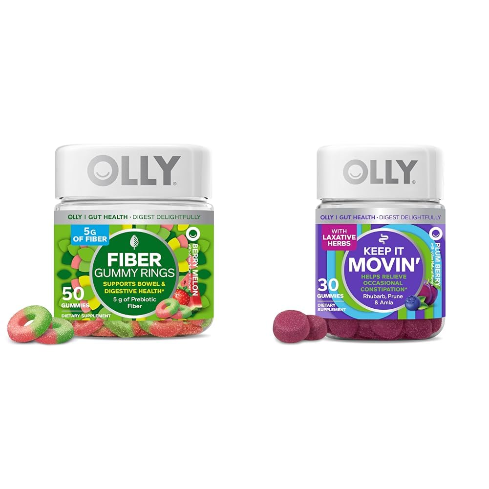OLLY Fiber Gummy Rings, 5g Prebiotic Fiber, FOS (Fructo-oligosaccharides), Digestive Support, Berry Melon 50ct & Keep it Moving Constipation Relief, Rhubarb, Prunes, Amla - Plum Berry Flavor - 30ct