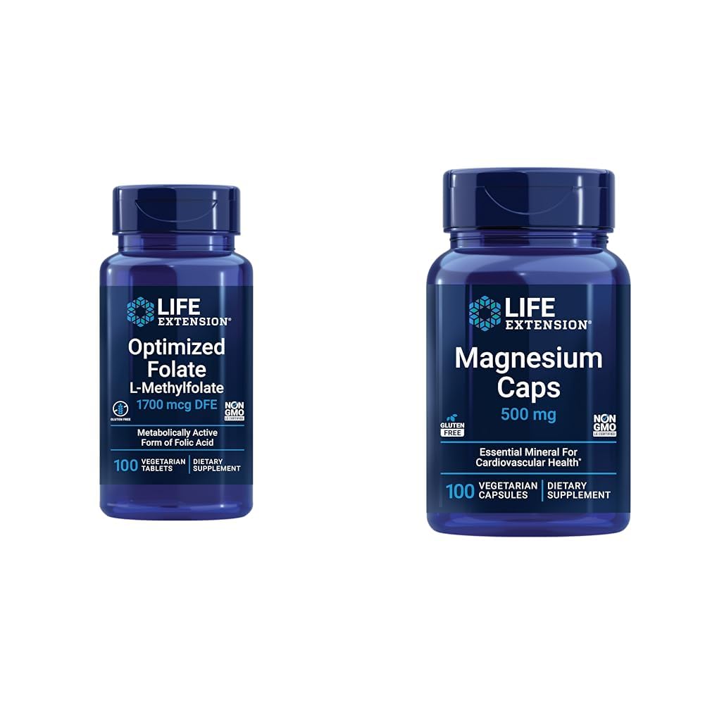 Life Extension Brain & Heart Health Folate and Magnesium Supplement Bundle, 100 Tablets and 100 Capsules