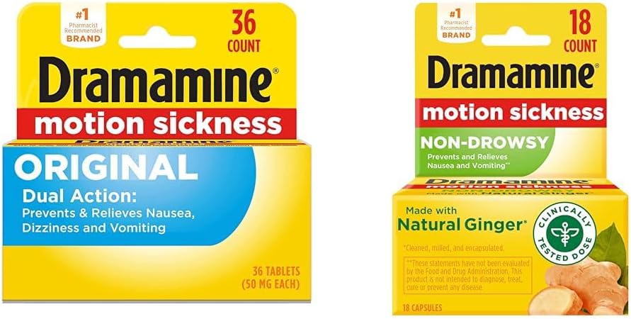Dramamine Original, Motion Sickness Relief, 36 Count & Non-Drowsy, Motion Sickness Relief, Made with Natural Ginger, 18 Count