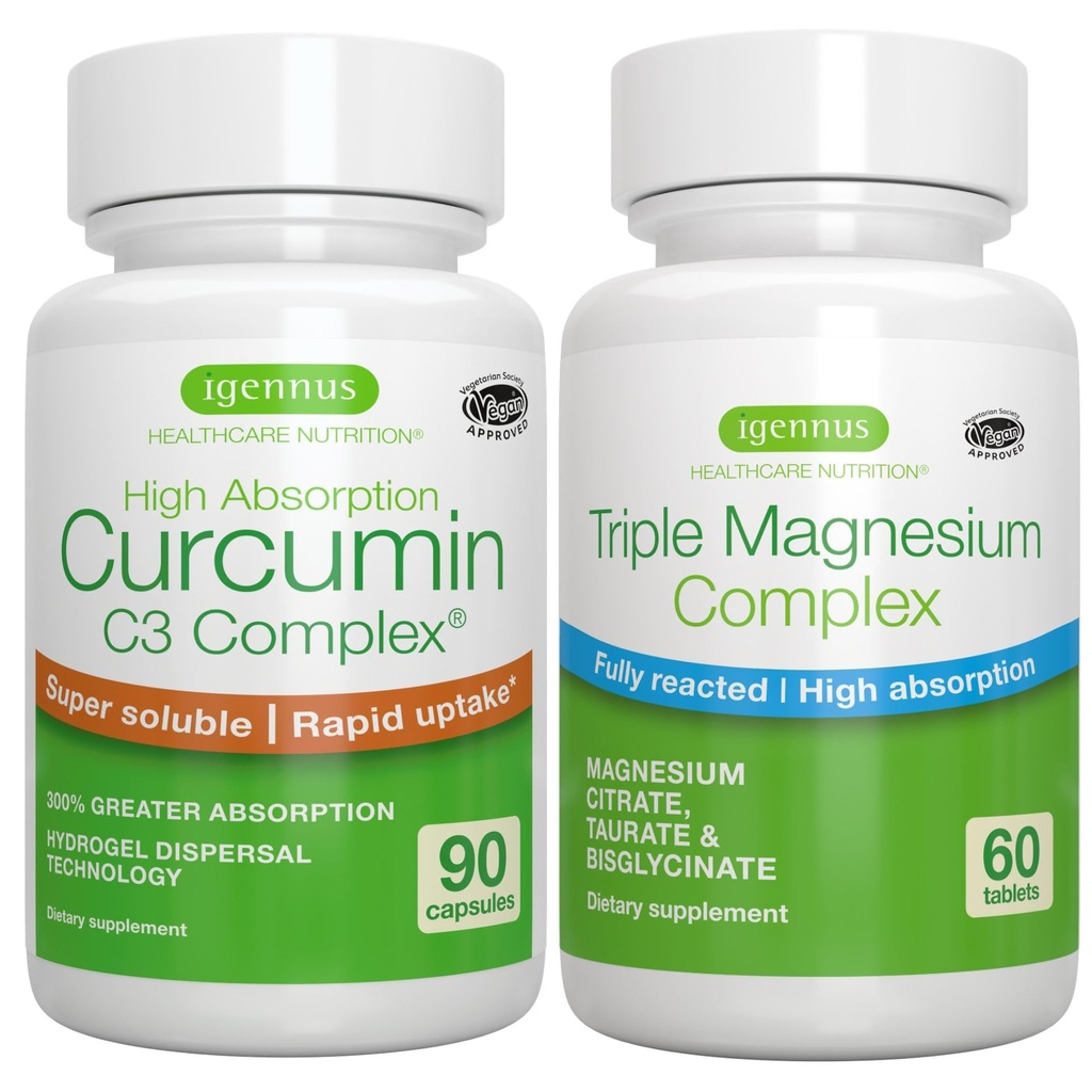 Triple Magnesium Complex + High Absorption Curcumin C3 Complex, Vegan Bundle, High Absorption Chelated Glycinate, Taurate & Citrate Magnesium + 300% Greater Absorption Curcuminoids with Rapid Uptake,