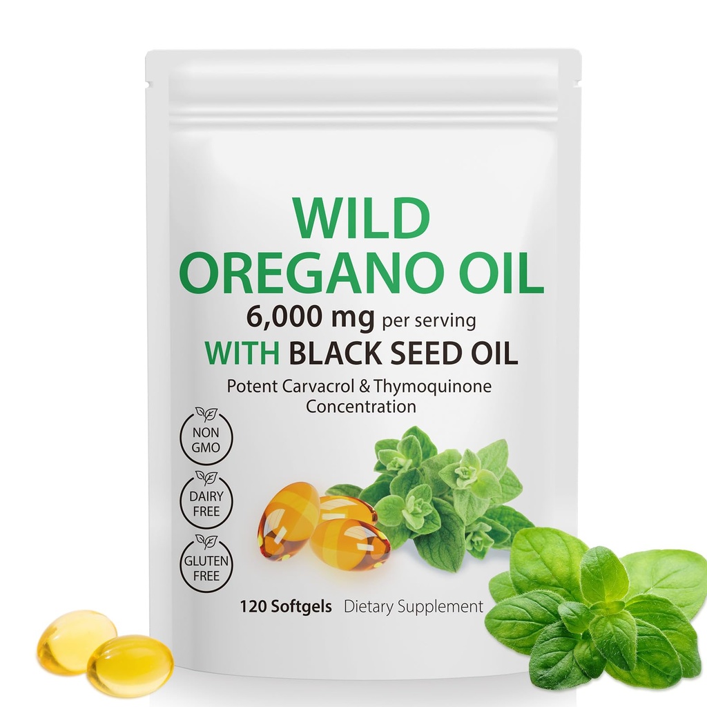 Oil of Oregano Softgels,Oregano Oil Capsules Organic,2-in-1 6000mg Oil of Oregano with Black Seed Oil 200mg,Oregano Oil with Black Seed Oil Softgels,120 Softgel Capsules
