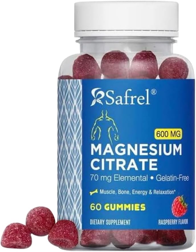 Safrel Magnesium Citrate Gummies - 60 Vegan Gummies, 600mg per Serving - Promotes Relaxation, Muscle, Bone, & Energy Support - Adults & Seniors- Raspberry Flavor (Pack of 1)