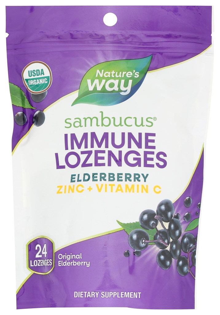 Nature's Way Sambucus Organic Zinc Lozenges, Elderberry and Zinc Lozenges with Vitamin C, Certified Organic, Berry Flavored, 24 Lozenges