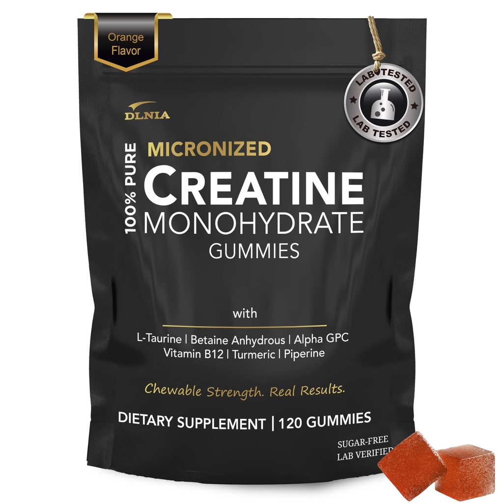Creatine Monohydrate Gummies for Men & Women - Sugar Free & Vegan Advanced Formula W/L-Taurine + Vitamin B12 - for Muscle Strength, Muscles Builder, Recovery (120 Count (Pack of 1), Orange)
