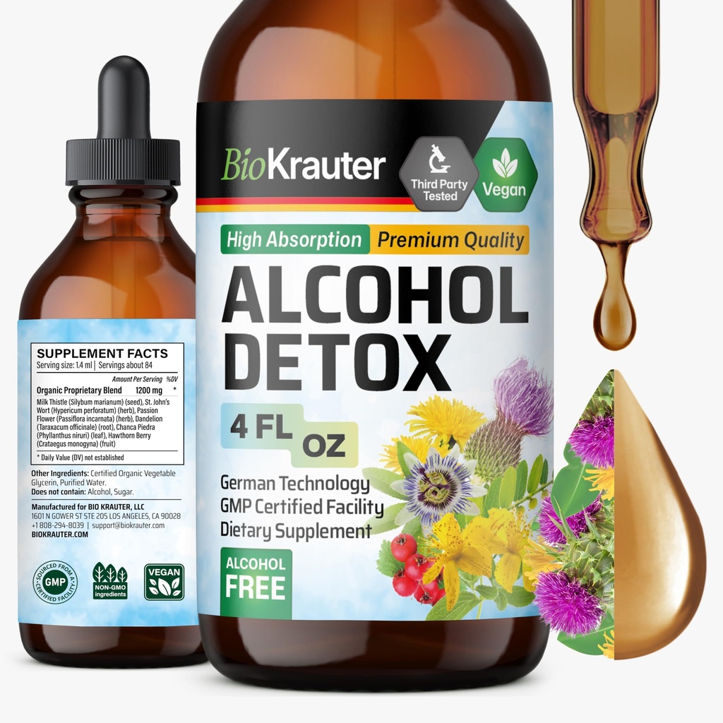 BIO KRAUTER® 6-in-1 Alcohol Detox - Vegan Liver Support Supplement - Milk Thistle, Dandelion Root, Chanca Piedra, Hawthorn Berry 1200 mg per Serving, 4 Fl.Oz., 28-Day Supply, Alcohol & Sugar Free