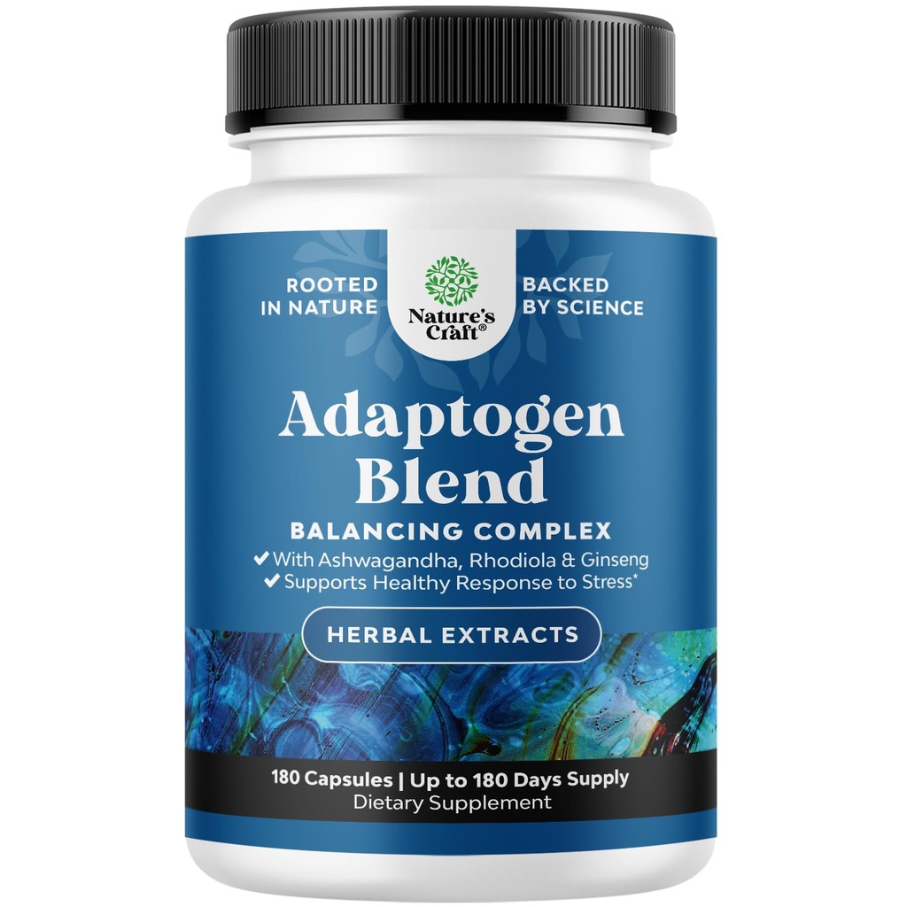Herbal Adaptogen Mood Support Supplement - Calming Adaptogens Supplement for Stress & Cortisol Management with Ashwagandha Rhodiola Rosea & Maca Root - Vegan Non GMO & Daytime Friendly -180 Count