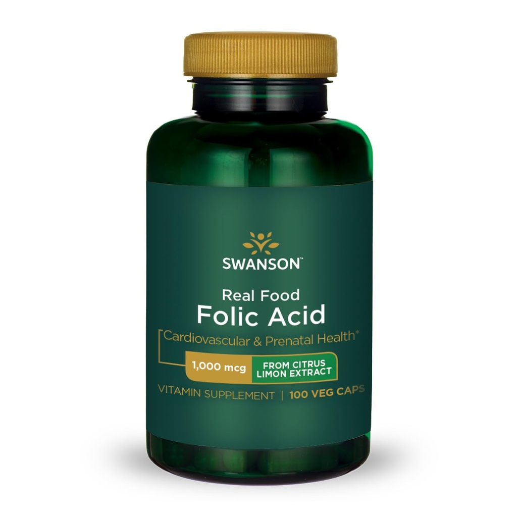 Swanson Real Food Folic Acid Folate Vitamin B-9 Cardiovascular Prenatal Health from Citrus Limon Extract Vegan Gluten-Free Non-GMO B9 1000 mcg 100 Veggie Capsules (Caps)