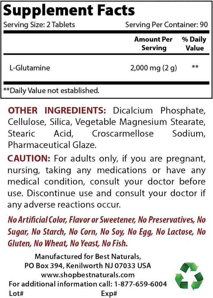 Best Naturals L-Glutamine 1000mg & Magnesium Oxide 500 mg