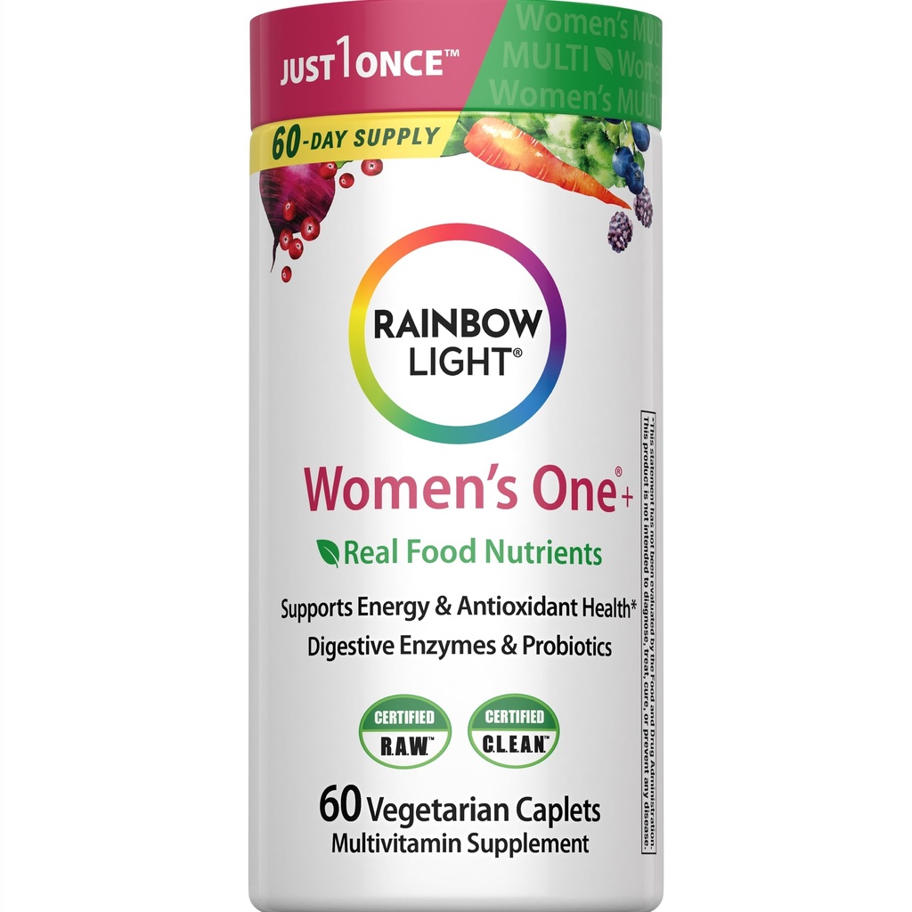 Rainbow Light Womens Multivitamin One + | 60 Caplets | Supports Energy & Antioxidant Health | Real Food Nutrients, Digestive Enzymes & Probiotics