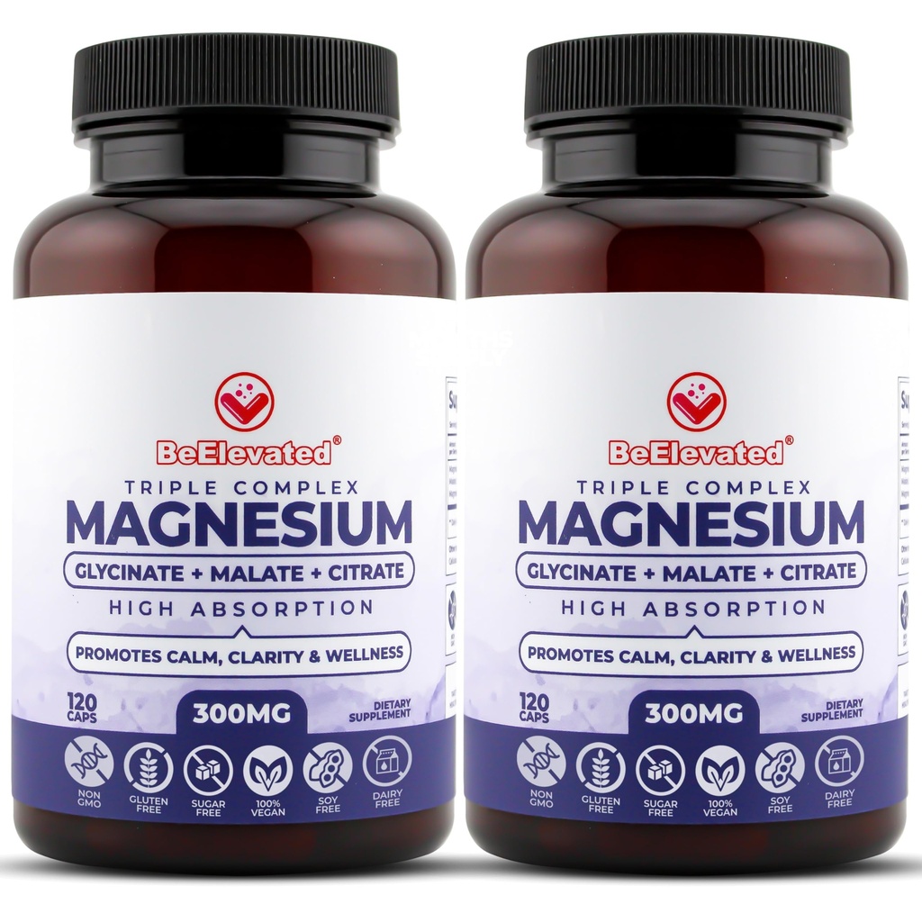 Triple Magnesium Complex Supplement – 300mg Fast-Acting Magnesium Glycinate and Citrate Combo, with Malate for Relaxation, Sleep & Well-Being – Natural, Vegan, Non-GMO 120 Capsules (2 Pack)