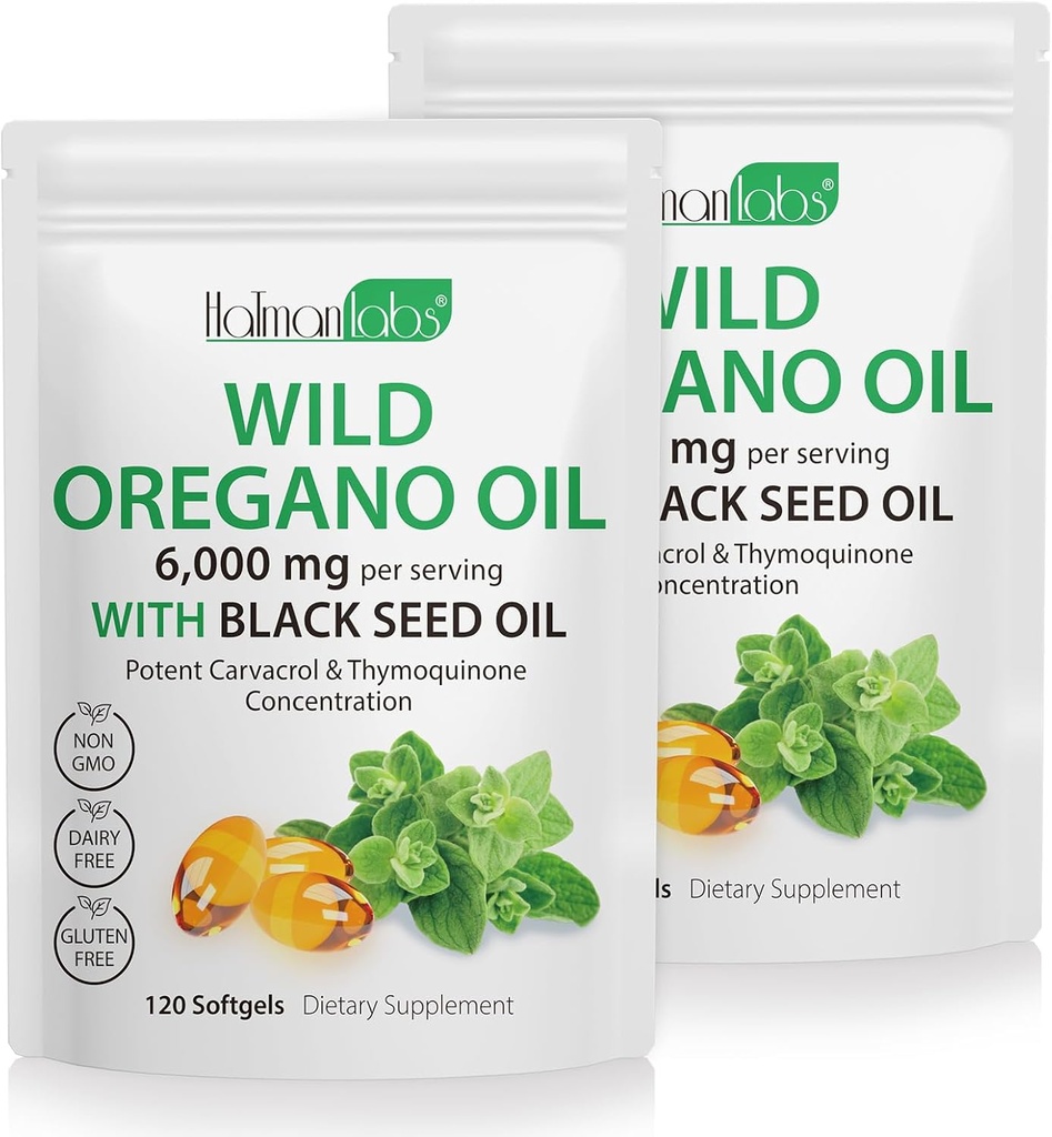 2 Pack Oil of Oregano Softgels, 120 Count 2 in 1 6000mg Oil of Oregano with Black Seed Oil 200mg, Plant Based, Organic Oregano Oil Supplement Capsules, Non-GMO & Immune Support