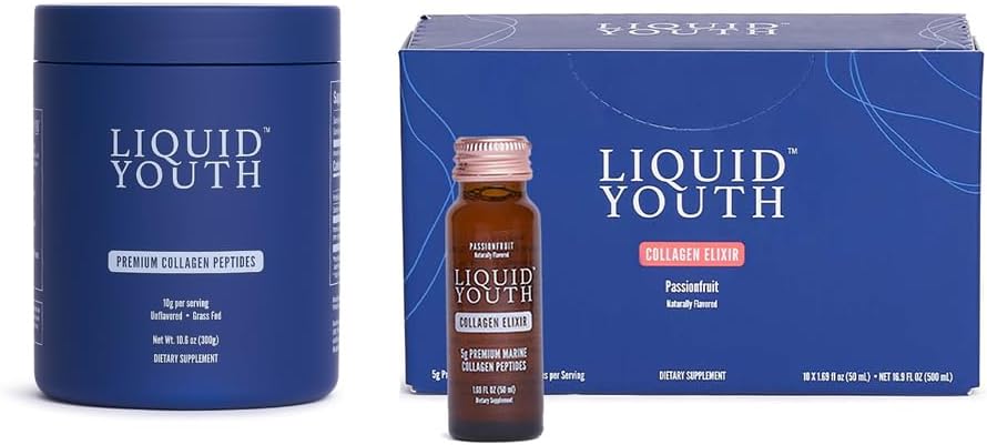 Collagen Peptides Powder & Passion Fruit Liquid Collagen Shots for Women & Men - Type I & III Premium Grass-fed Bovine & Marine Collagen - for Hair Growth, Skin, Nail, Bone, Joint Health (40 Servings)