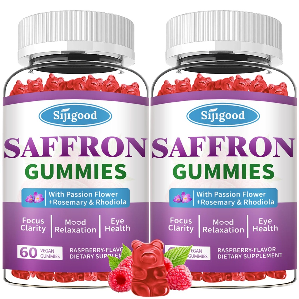 2 Packs Saffron Gummies - Sugar Free Saffron Supplement for Men Women Mood Support Supplement with Saffron Extract, Passion Flower, Magnesium & Vitamins for Relaxation, Focus, Raspberry Flavor