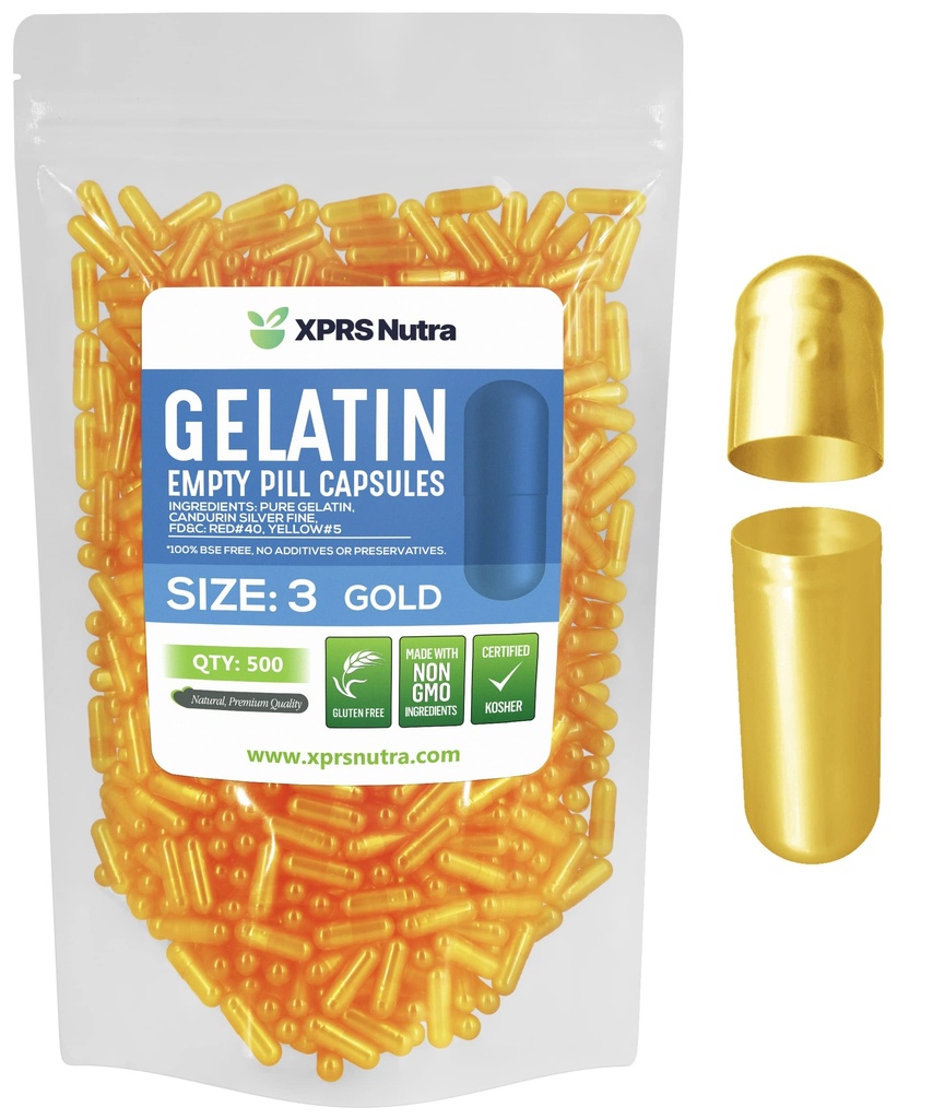 XPRS Nutra Size 3 Empty Capsules - 500 Count Empty Gelatin Capsules - Pills DIY Capsule Filling - Pure Bovine Pill Gel Caps Fillable for Do-It-Yourself Vitamins and Supplements (Gold)