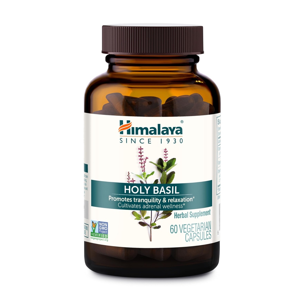 Himalaya Holy Basil Capsules-Herbal Adrenal Support for Stress Relief, Reduce Cortisol, Relaxation, Energy Support and Occasional Sleeplessness - Vegan, Non-GMO, Gluten Free, 720 mg, 60 Capsules