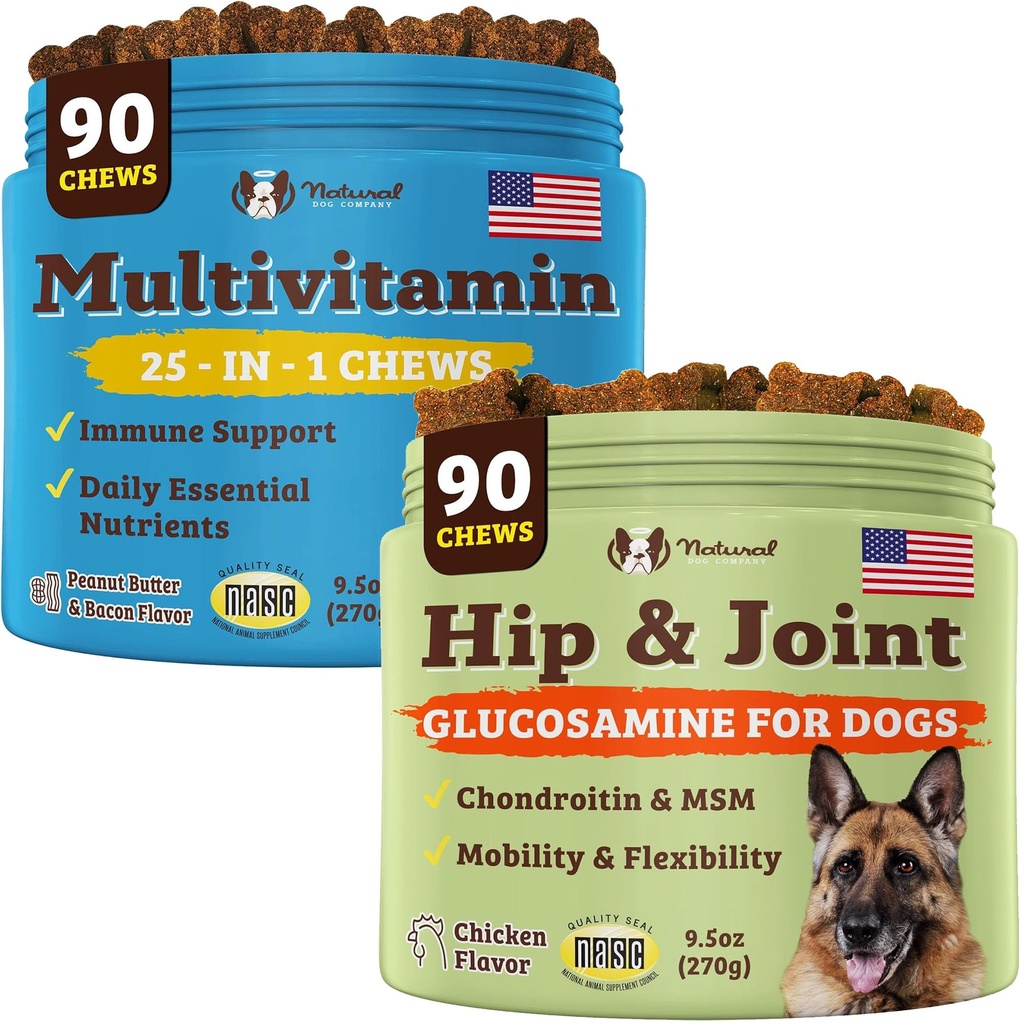 Natural Dog Company Dog Supplements for Seniors & Active Dogs - Multivitamin Chews & Hip & Joint Relief - Complete Nutritional Support for Joint Health, Vitamins for Dogs, Energy, & Vitality
