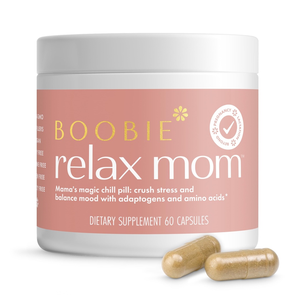 Boobie Relax Mom Pregnancy & Postpartum Stress Support for Women | Breastfeeding Friendly Calm Mood Supplement with Adaptogens | 60 Capsules