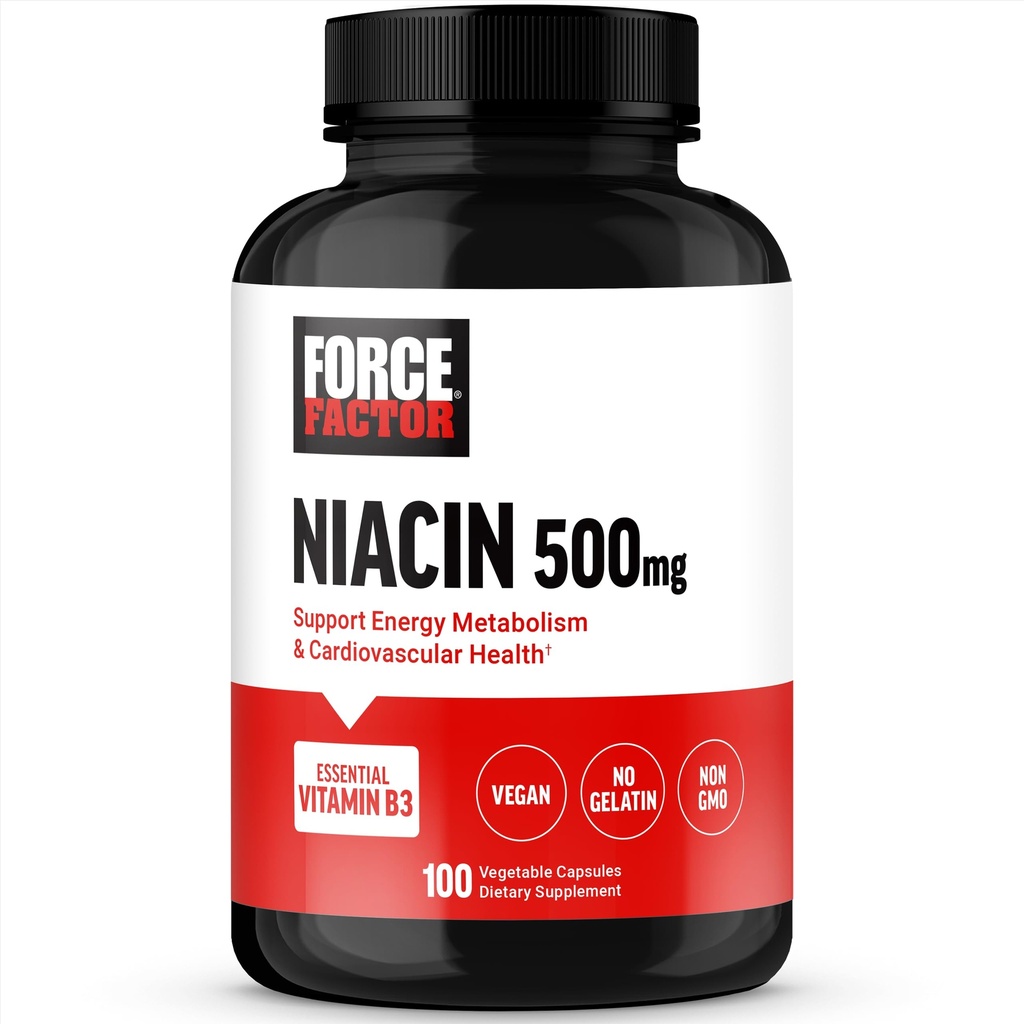 Force Factor Niacin Vitamin B3 to Support Cellular Energy and Cardiovascular Health, Niacin 500mg Heart-Health Supplement, Vegan, No Gelatin, Non-GMO, 100 Vegetable Capsules