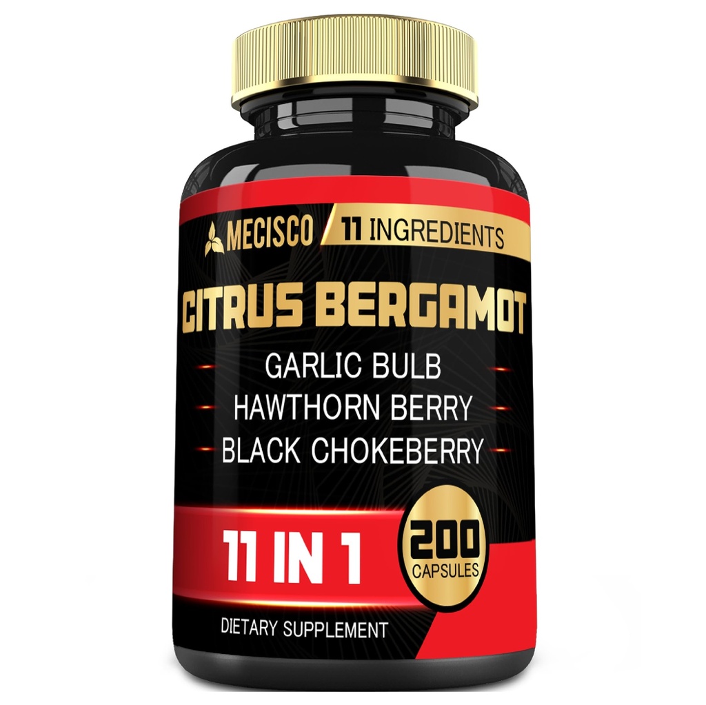 Mecisco 11in1 Citrus Bergamot Supplement 1000mg with Olive Leaf, Hawthorn Berry, Guggul, Garlic, and More - Support Immunity, Circulatory System & Overall Health - 200 Capsules