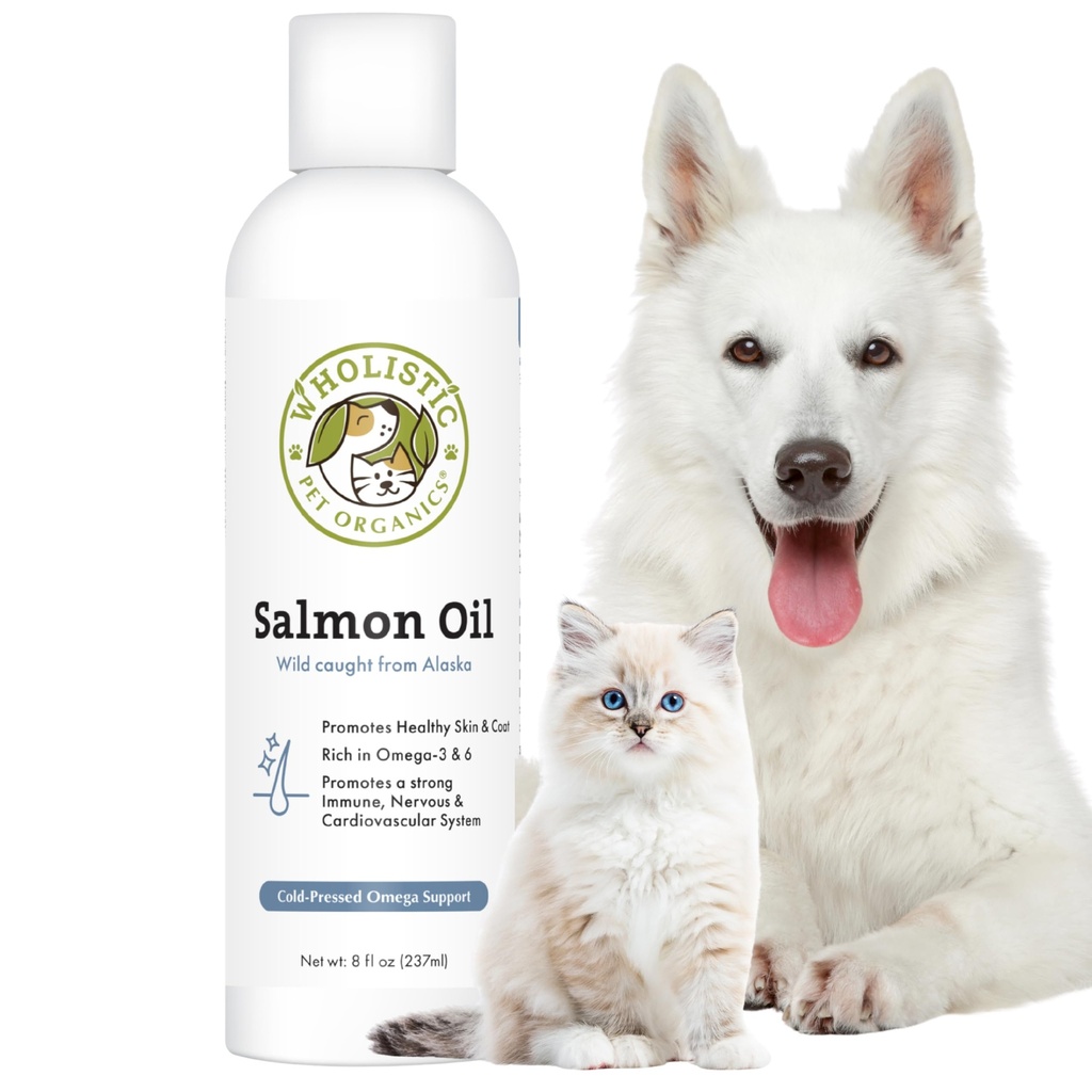 Wholistic Pet Organics Wild Alaskan Salmon Oil for Dogs and Cats - Omega 3 Fish Oil for Dogs & Cats - Cat & Dog Skin and Coat Supplement for Heart, Joints - DHA, EPA Omega 3 Liquid Food Topper - 8 oz
