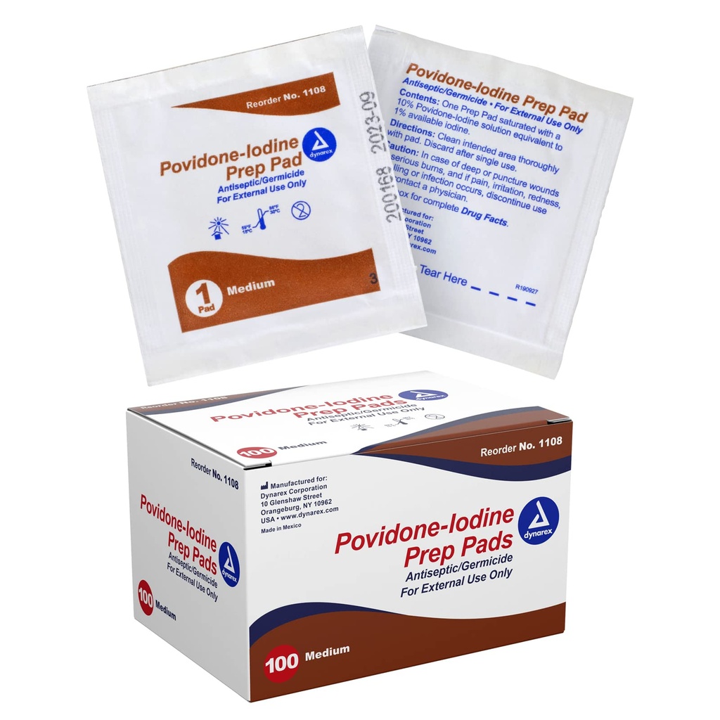 Dynarex Povidone-Iodine Prep Pads, Saturated with Povidone Iodine 10%, Medical-Grade Antiseptic Wipes used for Prepping prior Minor Procedures, Medium, 1 Case of 100 Prep Pads