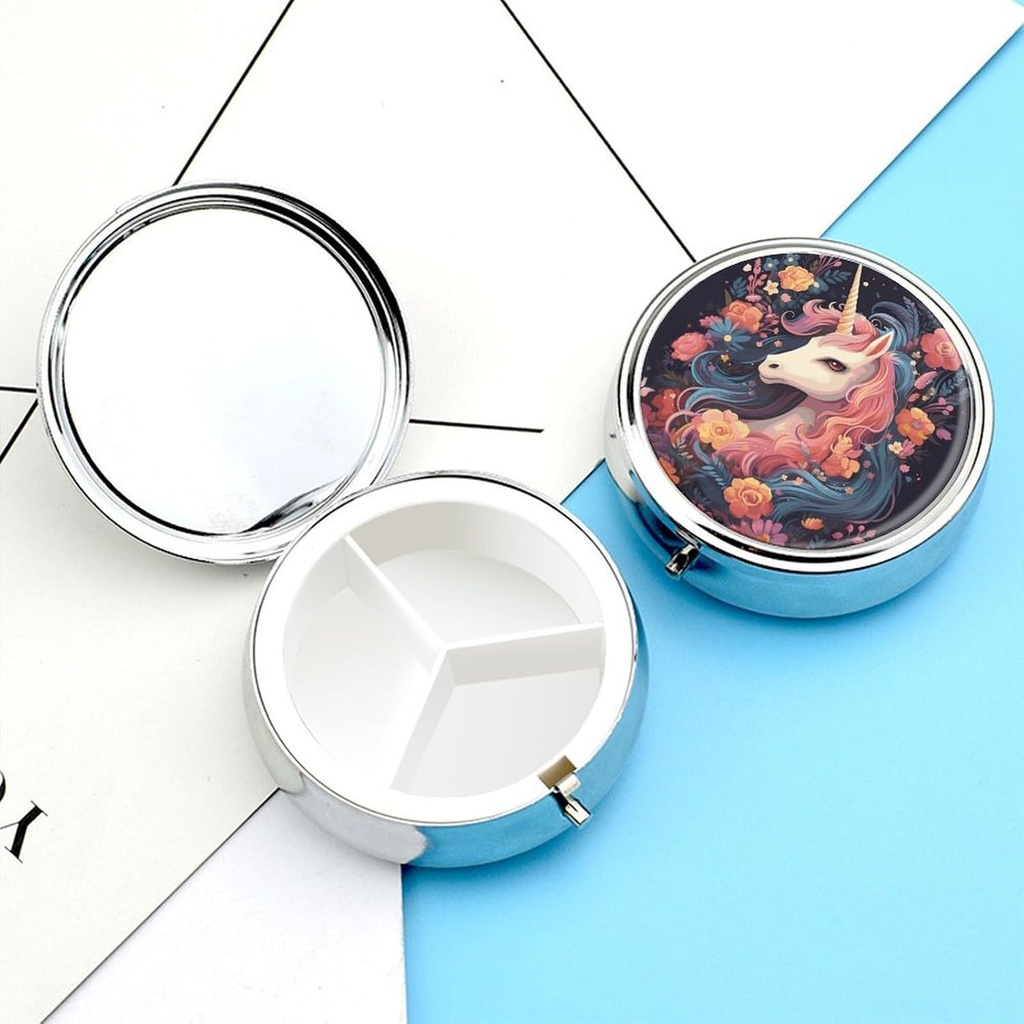 Pill Box Cartoon Horse with Flowers Pill Case 3 Compartment Pill Organizer Portable Round Pill Pillbox Medicine Organizer Pill Container Holder to Hold Vitamins Medication Fish Oil and Supplements