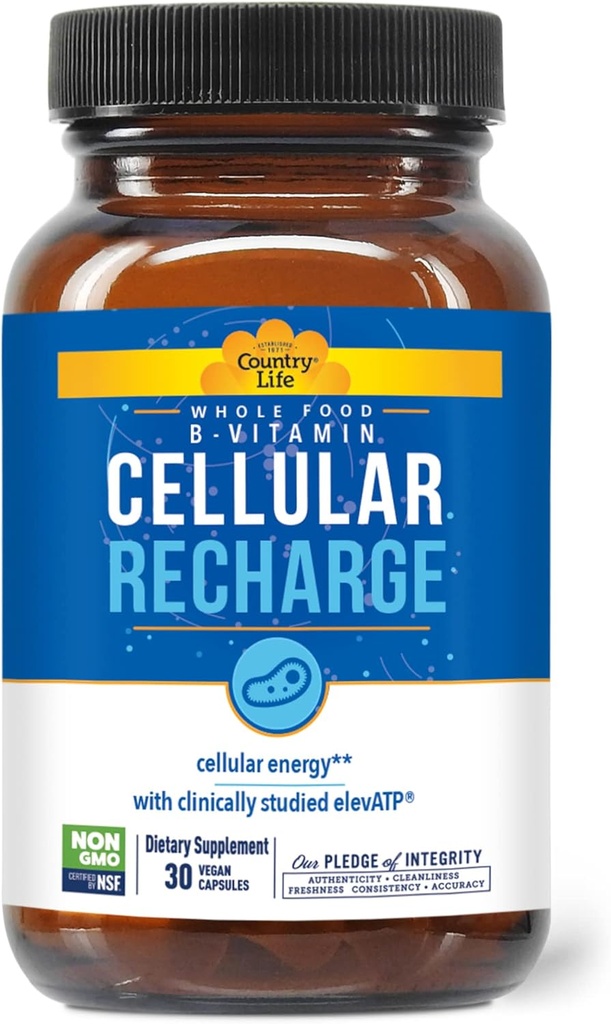 Country Life Cellular Recharge B-Vitamin, Whole Food Methylated B-Complex + elevATP for Cellular Energy, Detox & Cardio Support, 30 Vegan Capsules, Certified Gluten-Free, Vegan, Kosher