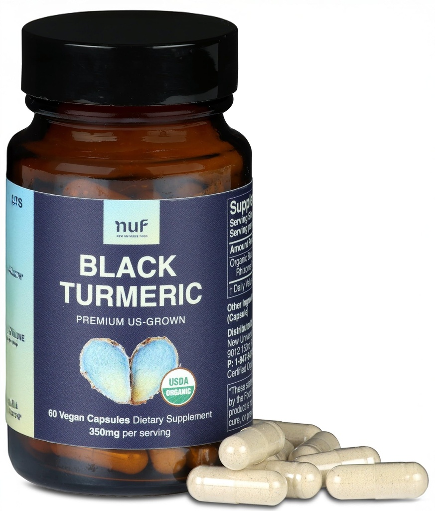 NUF- Organic Black Turmeric 350mg Whole Root Vegan Capsules- US Grown- Gluten Free - Non GMO- Joint Support - Healthy Inflammatory Response - Proper Immune Function