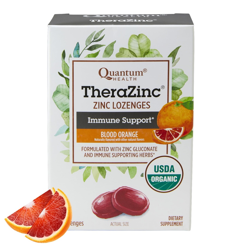 Quantum Health TheraZinc Organic Zinc Lozenges Echinacea & Honey Immune Support for Adults & Kids 12+ Naturally Flavored Blood Orange Fast Relief with No Aftertaste - 25 Count