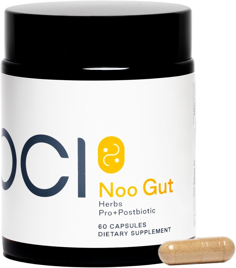 NOO Gut, Gut & Skin: Herbs, Probiotic, Postbiotic, 3-in-1 Formula for Gut Health, Bloat Support, Regular Bowel Movements, Glowing Skin, 60 Vegan Capsules