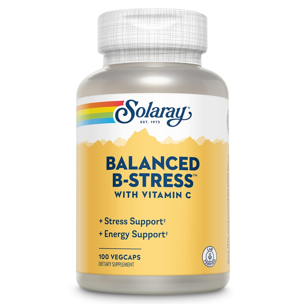 SOLARAY Balanced B Stress with Vitamin C - B Complex Vitamins for Cellular Energy and Stress Support - with Vitamin B12, B6, B1 (Thiamine), B2, Niacin, Folic Acid, Biotin - 50 Servings, 100 VegCaps