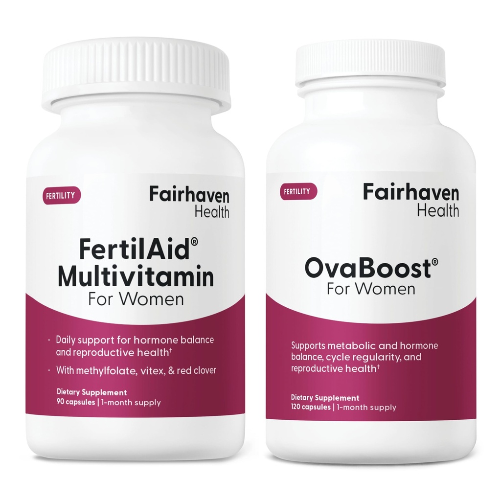 FertilAid for Women & Ovaboost Combo, Female Fertility Supplement & Natural Fertility Vitamin with Myo-Inositol, Vitex & Vitamins to Support Ovulation, Cycle Regularity & Egg Quality, 1 Month Supply