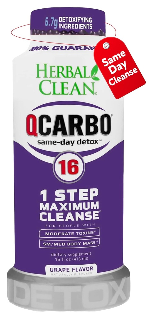 Herbal Clean Qcarbo16 Same-Day Detox Cleanse Drink (16 fl oz) - Grape Flavor Full Body Cleanse* Detox Drink for Moderate Toxin Level*, Vitamin B2 and Vitamin B12 for Men & Women