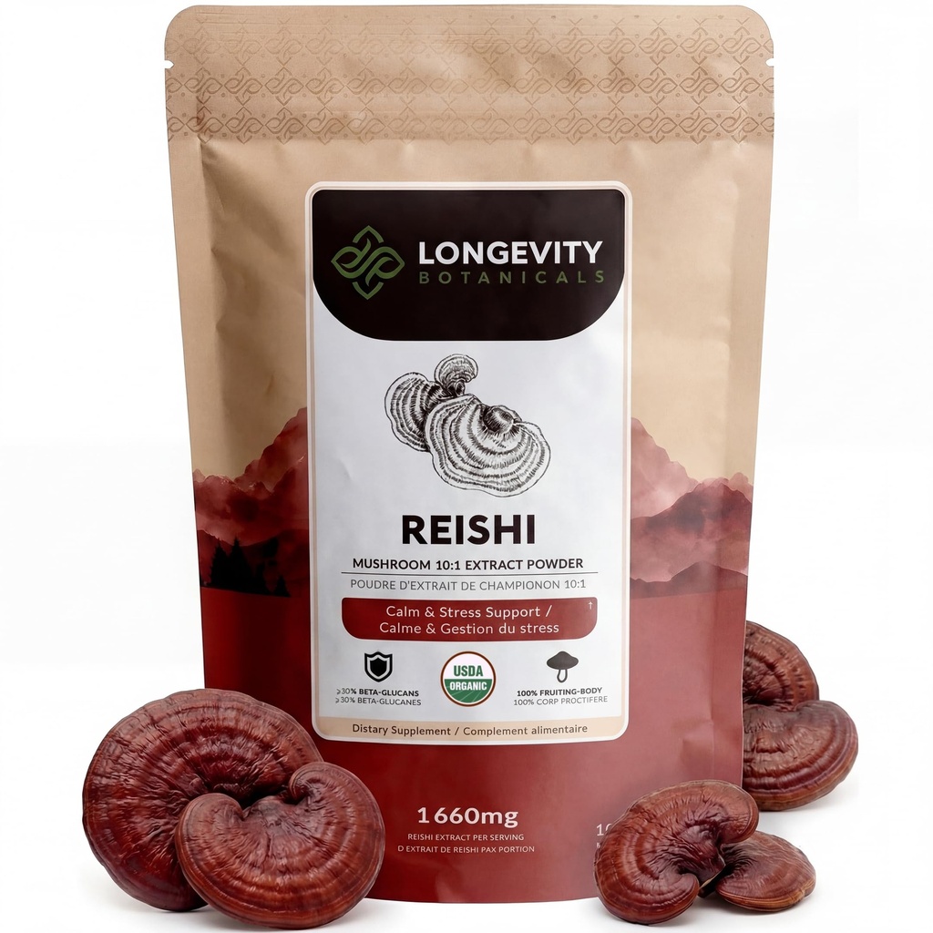 Longevity Botanicals Organic Reishi Mushroom Powder Supplement Extract 100g | Ganoderma Lucidum Fruiting Body | ≥30% Beta-D-Glucans | 60 Servings of 1,660mg | Supports Stress & Immune Wellness