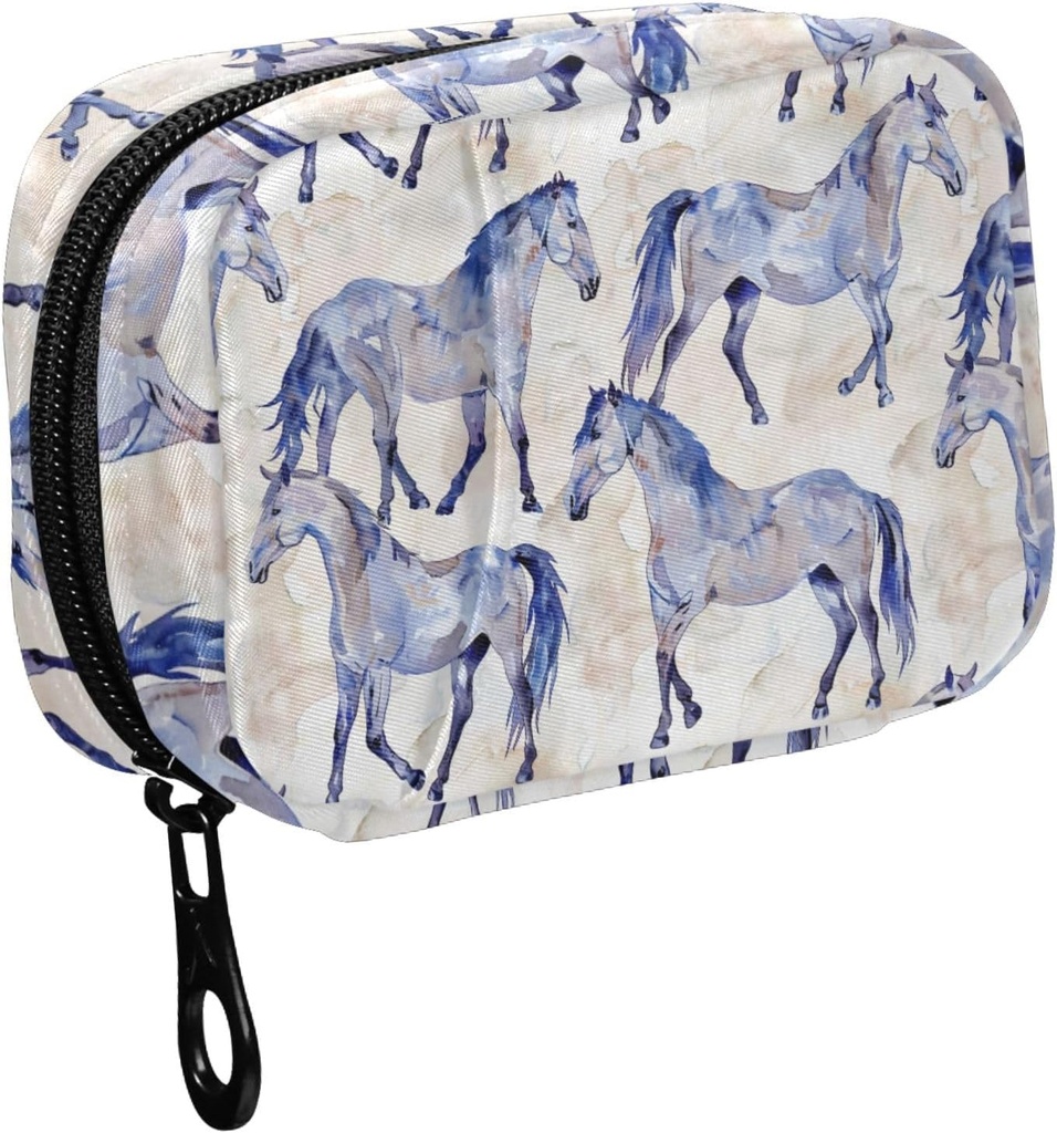 Fustylead Watercolor Hand Draw Beautiful Horses Pill Organizer for Purse, Weekly Portable Pill Box with Zipper to Storage Vitamins Fish Oils Medications Supplements