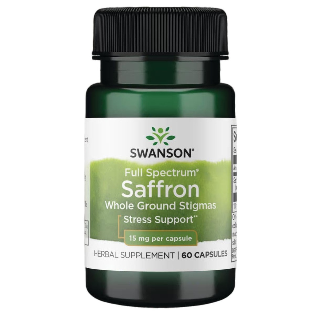Swanson Full Spectrum Organic Spanish Saffron Mood and Stress Support Supplement for Adults Seeking Natural Relaxation - Whole Ground Stigmas (60 Vegan Capsules, 15 mg)