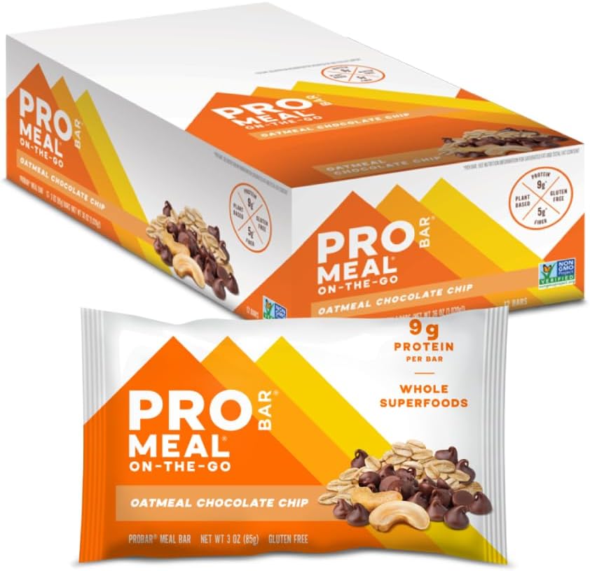 PROBAR - MEAL Bar, Oatmeal Chocolate Chip, Non-GMO, Gluten-Free, Healthy, Plant-Based, Whole-Food Ingredients, Natural Energy (12 Count)