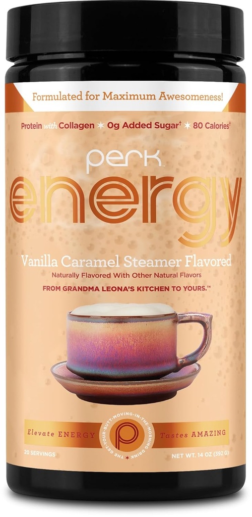 Perk Energy Original Vanilla Caramel Steamer Flavored Drink Powder (20 Servings) - Gluten-Free, Peanut-Free